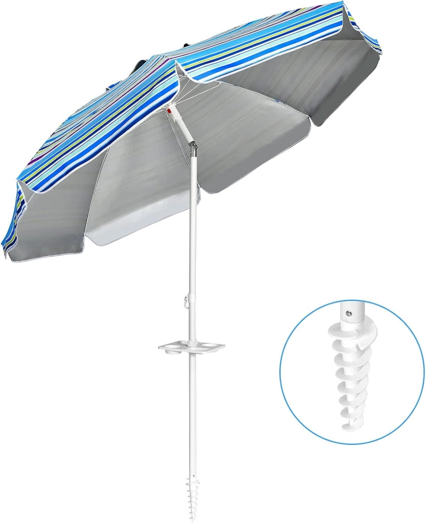 Ombrellone da Spiaggia 200 x 220 cm, Ombrellone da Mare con Inclinazione Regolabile, con Vassoio, 8 Stecche, Protezione UV, Impermeabile, Borsa di Trasporto (Blu)