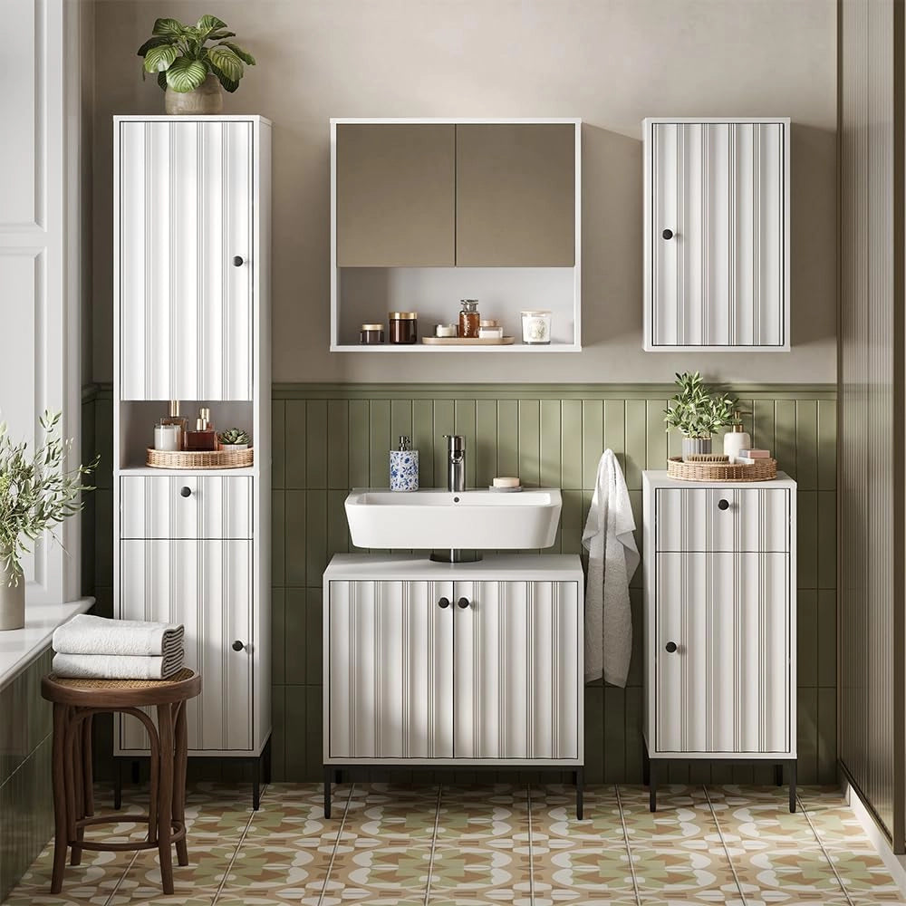 Armadio per il bagno Eliza, Ondulazione bianca, 40 x 190 cm con 2 porte, per la conservazione di accessori da bagno e combinabile con la serie Eliza