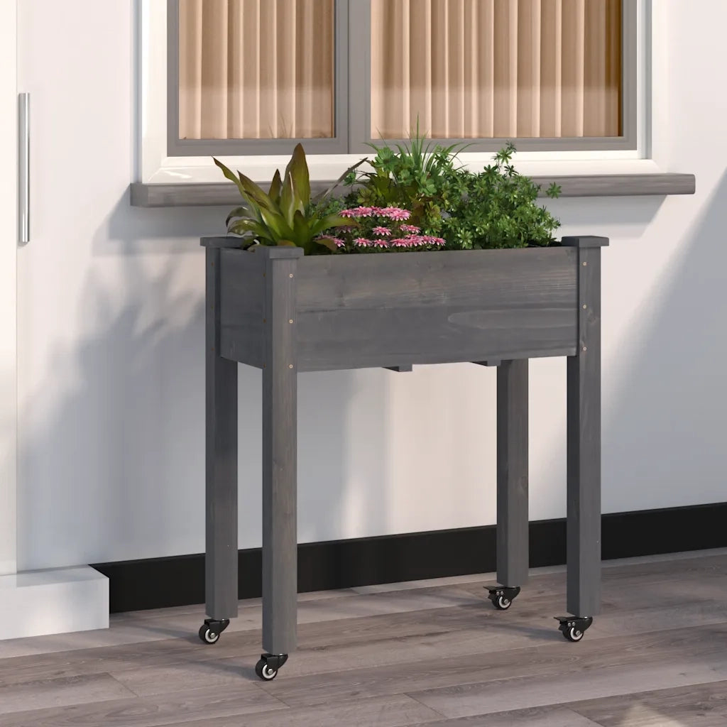 Fioriera | Cassetta per fiori | Vaso Ruote e Fodera Grigia 71x37x80cm Legno Massello Abete