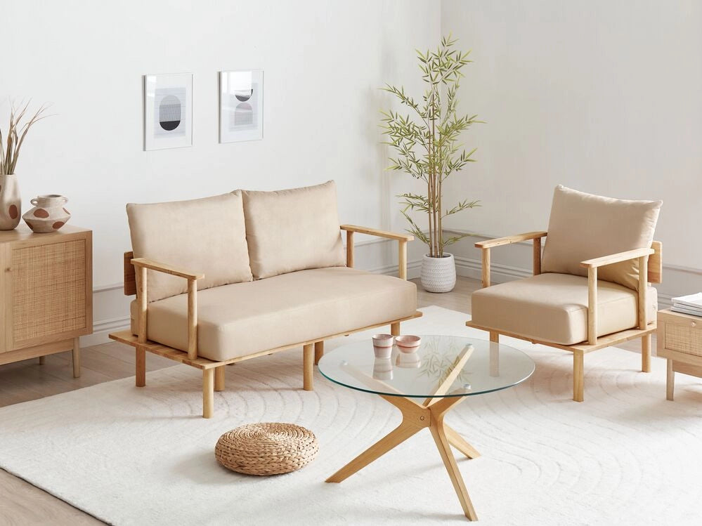 Set da soggiorno tessuto beige gambe in legno struttura divano a 2 posti divano poltrona divano soggiorno