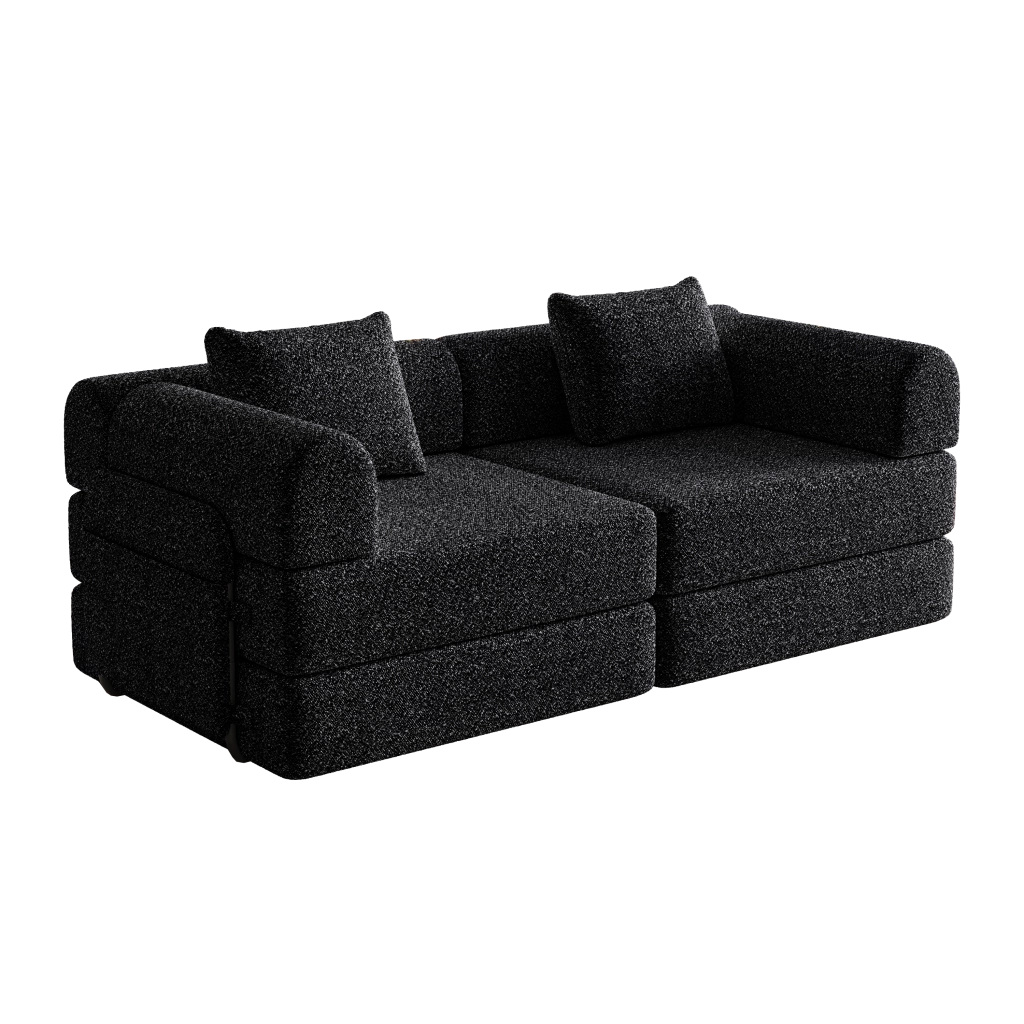 Divano letto 2 in 1 in chenille nero con vano portaoggetti nel bracciolo, struttura in acciaio e configurazione modulare
