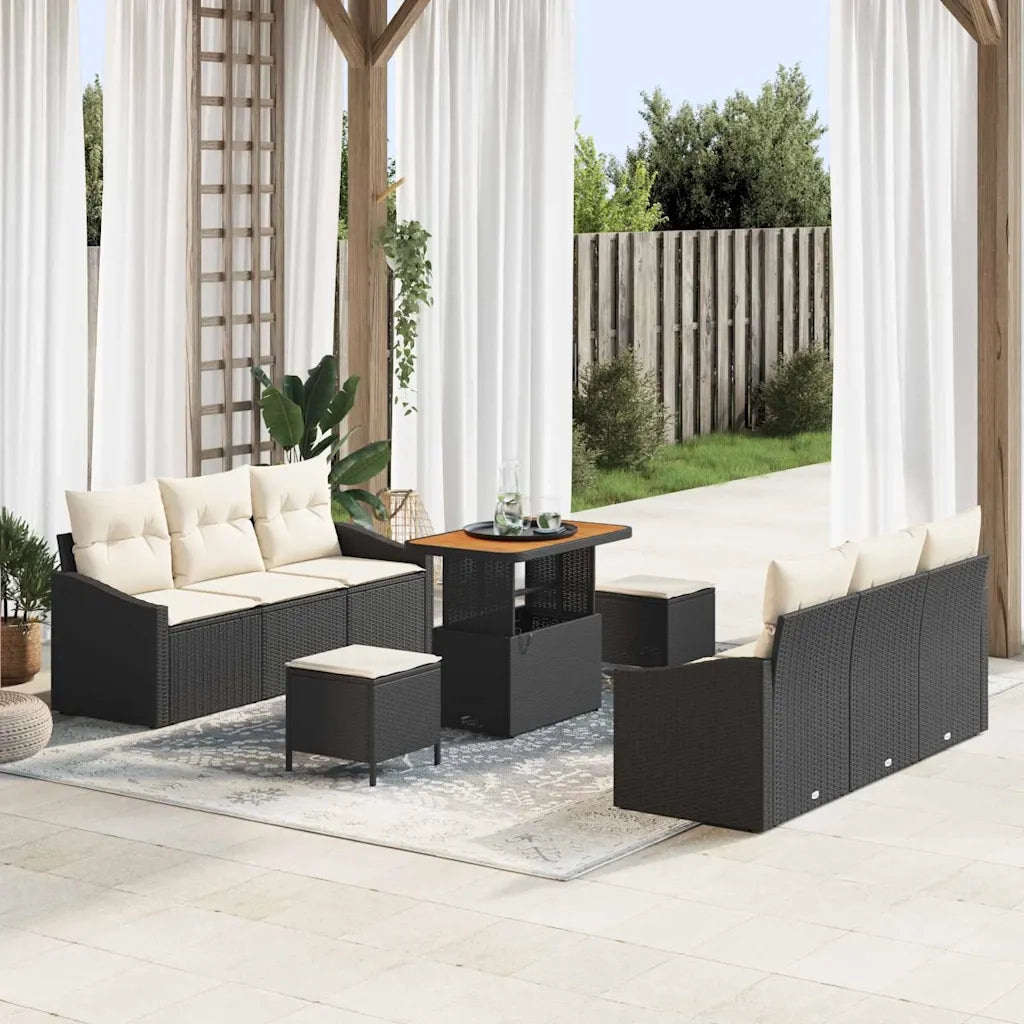 Set Divano da Giardino con cuscino 9 pcs Nero polyrattan