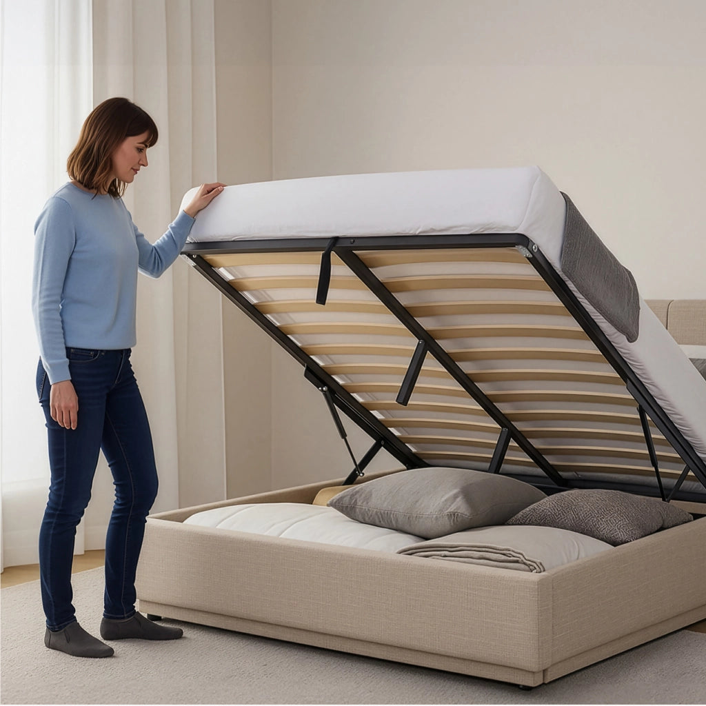 Letto Contenitore Tröstiar con Apertura a Ribalta e Luce LED Letto Francese 140x200 cm Beige [en.casa]