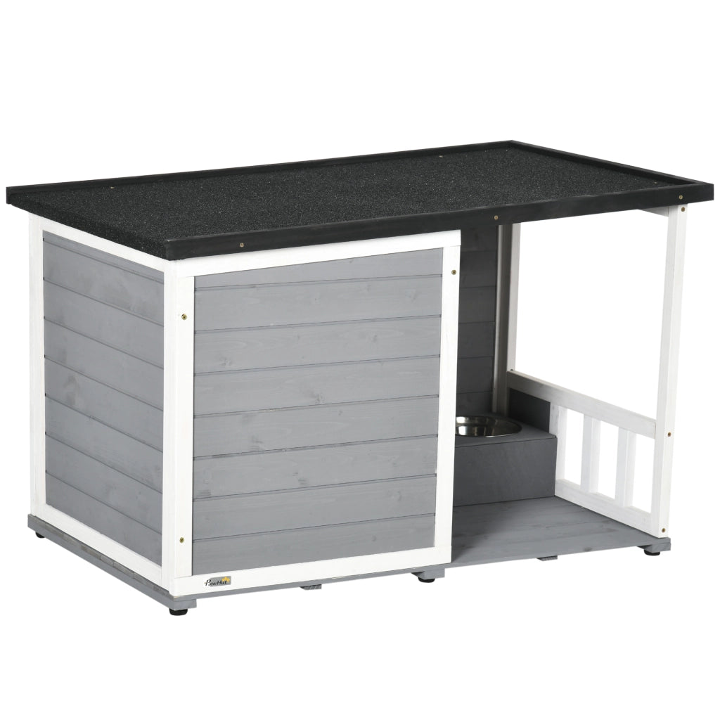 Cuccia per Cani in Legno Massello con Veranda e 2 Ciotole ¨C Xylo ¨C 103x62x66cm Grigio e Bianco