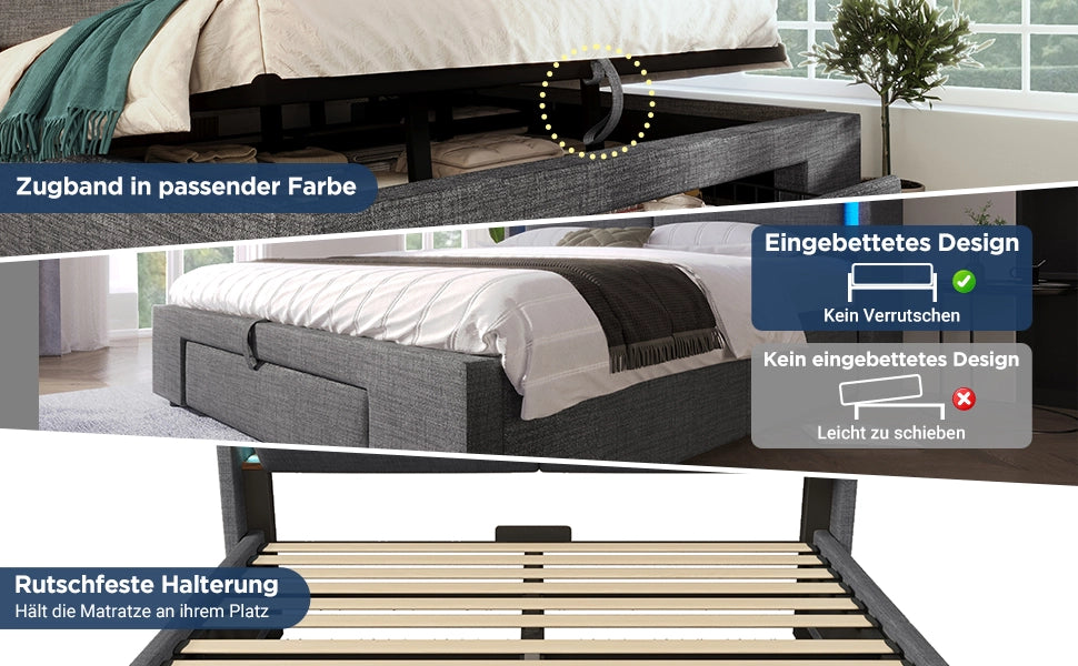 Letto imbottito 160x200cm con contenitore, USB/Type-C, LED, grigio, materasso incluso