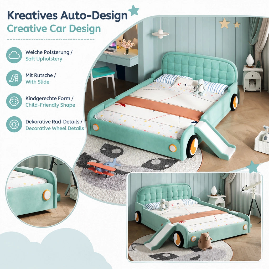 Letto per bambini 140 × 200 cm con scivolo e scala, montaggio sinistra/destra, senza materasso, in velluto bluverde