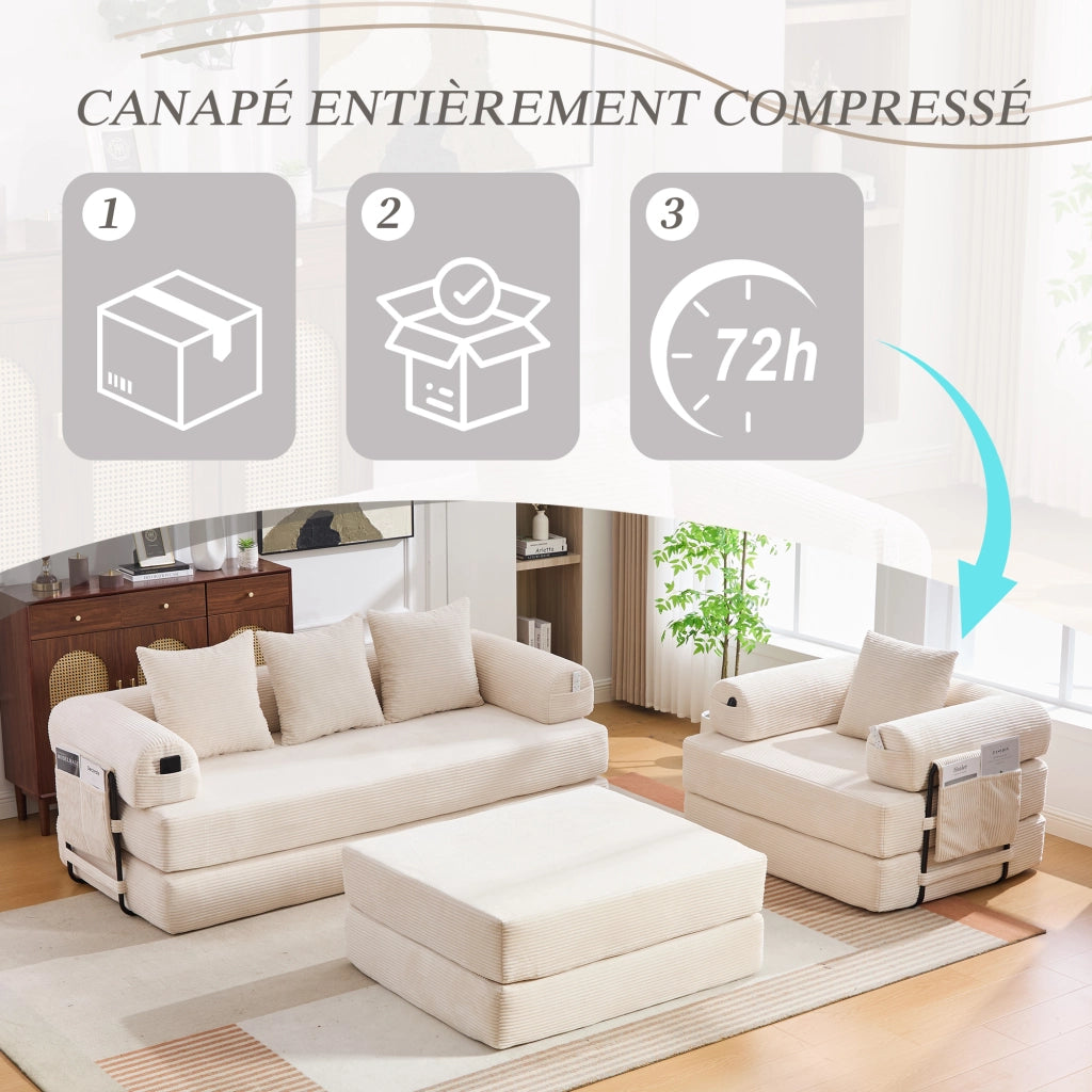 Divano modulare con pouf, tasca laterale e cuscini, struttura in metallo e tessuto a coste beige per soggiorno