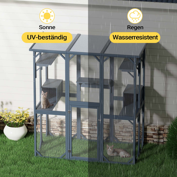 Recinto per gatti da esterno 1705 x 925 x 1810 mm, recinzione antifuga in legno con tetto in asfalto, diversi livelli, per giardino, balcone, terrazzo