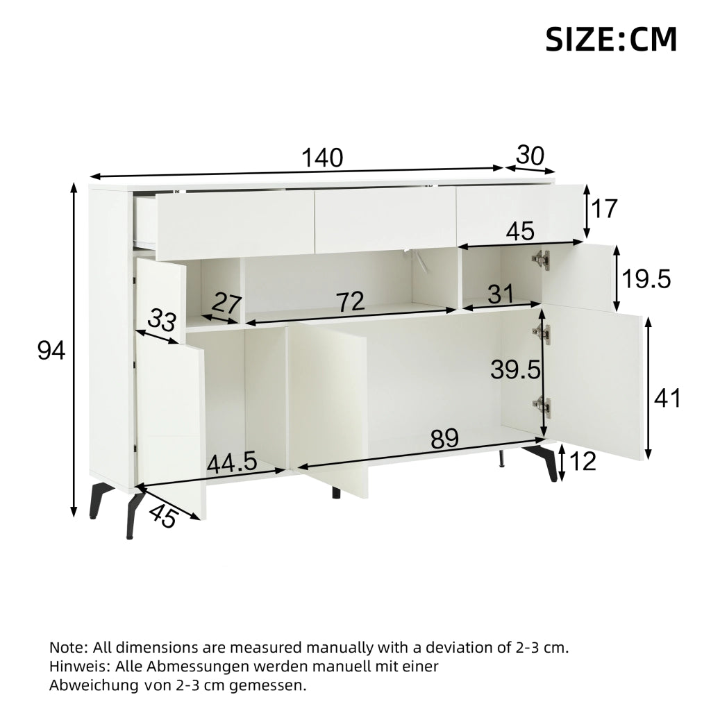 Credenza e madia con LED e 3 cassetti, 5 vani e vano aperto, per soggiorno, bianco, 140 × 30 × 82 cm