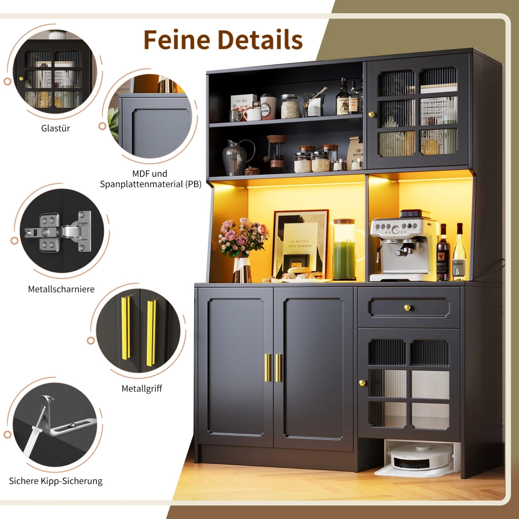 Credenza da cucina alta con ante in vetro e LED; vano per robot aspirapolvere; per cucina; in MDF; nero; 130x45x180 cm
