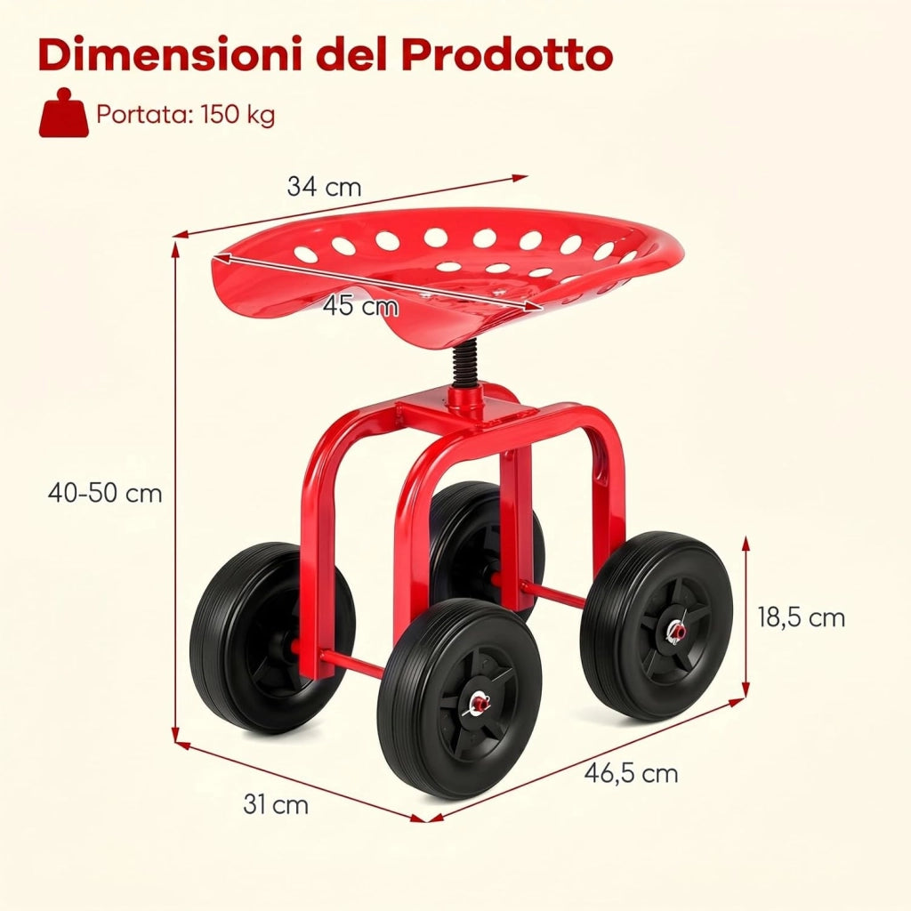 Sgabello con Ruote per Giardinaggio, Sedile con Ruote Regolabile in Altezza e Portatile, Seggiolino da Giardino, Prato e Cortile, Portata 150kg (Rosso)