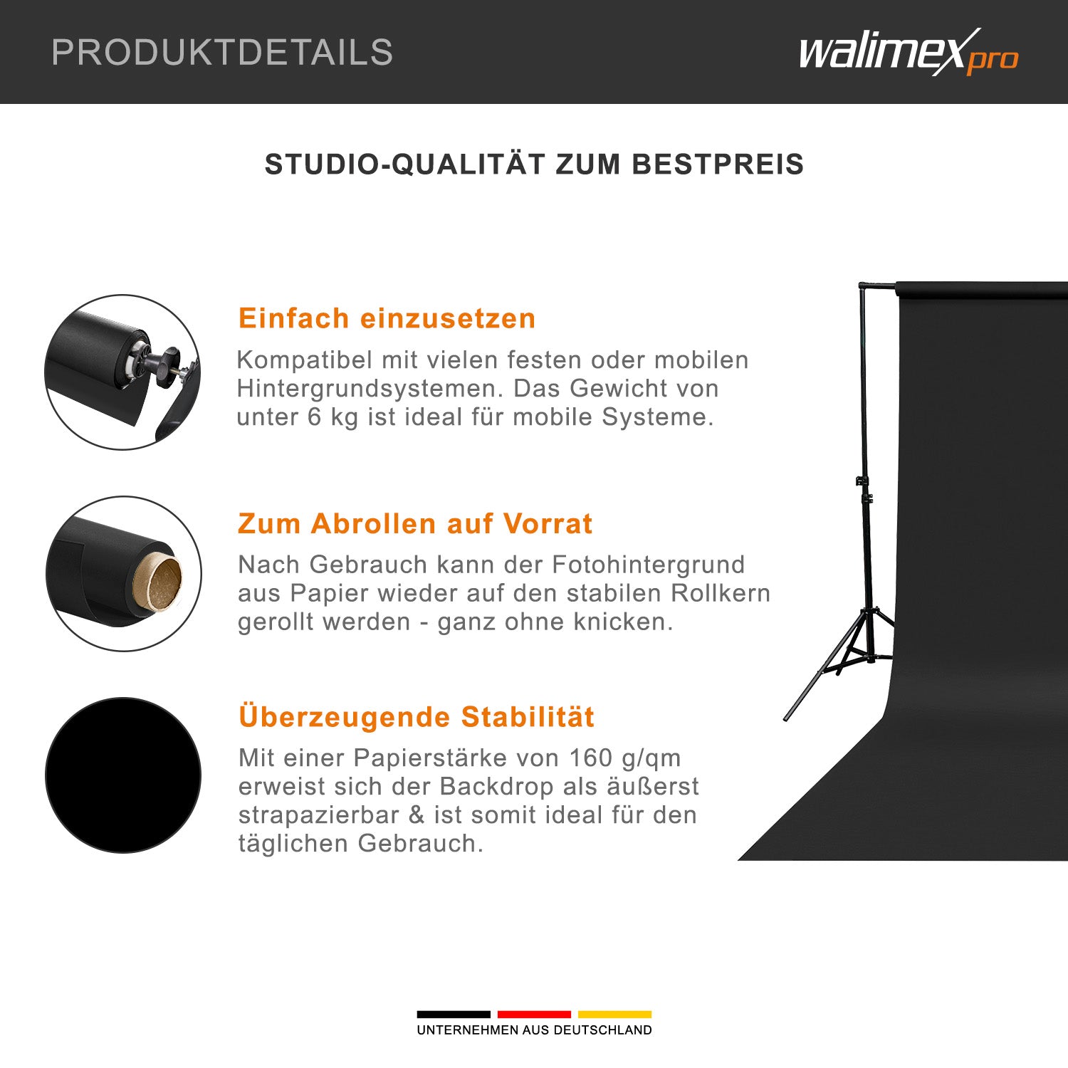 Sfondo fotografico in cartoncino nero 1,35 x 10 m, Backdrop foto antiriflesso e resistente, per studi fotografici