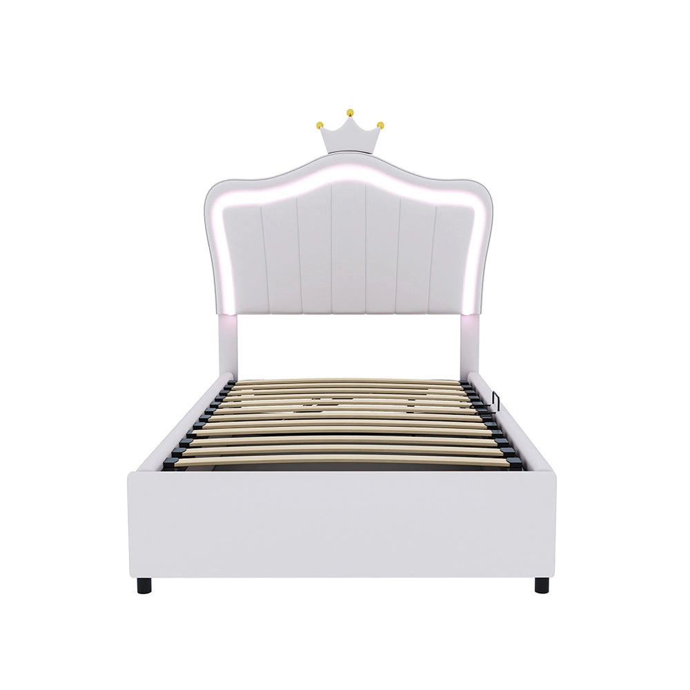 Letto a corona con illuminazione LED - Xylo - 90x200 cm - Bianco - Con sistema di sollevamento idraulico