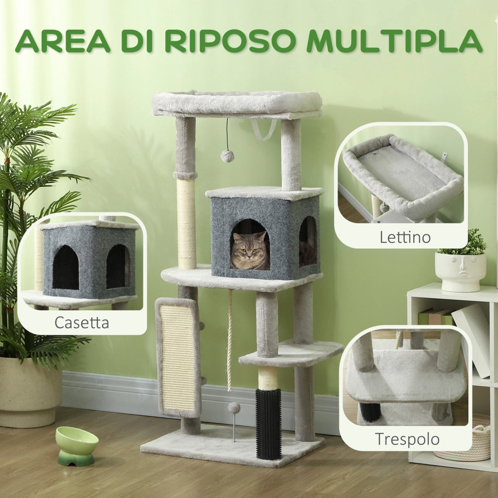 Albero per Gatti Multilivello Alto 132 cm con Casetta. Lettino. Pali Tiragraffi. Spazzola e Pallina. Grigio