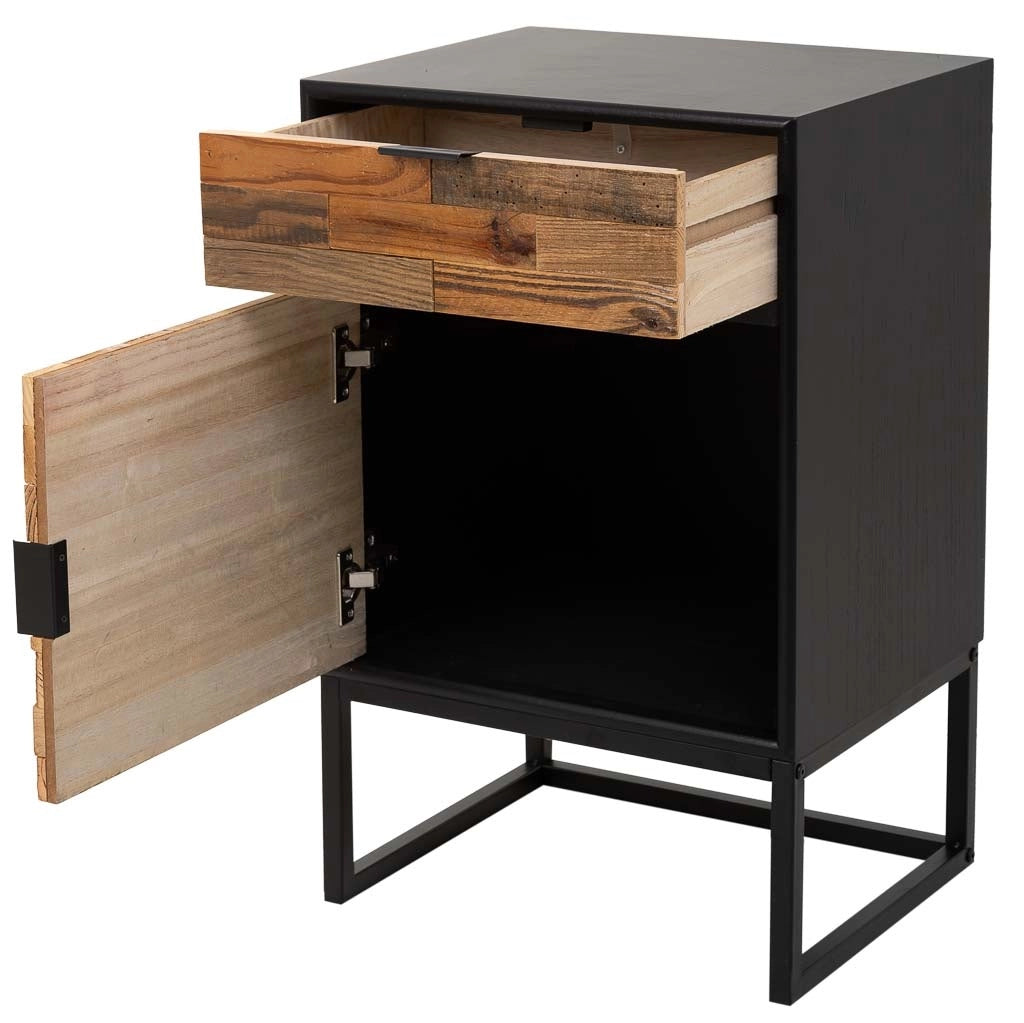 Comodino in legno e metallo con 1 cassetto e 1 porta marrone 44x36x67