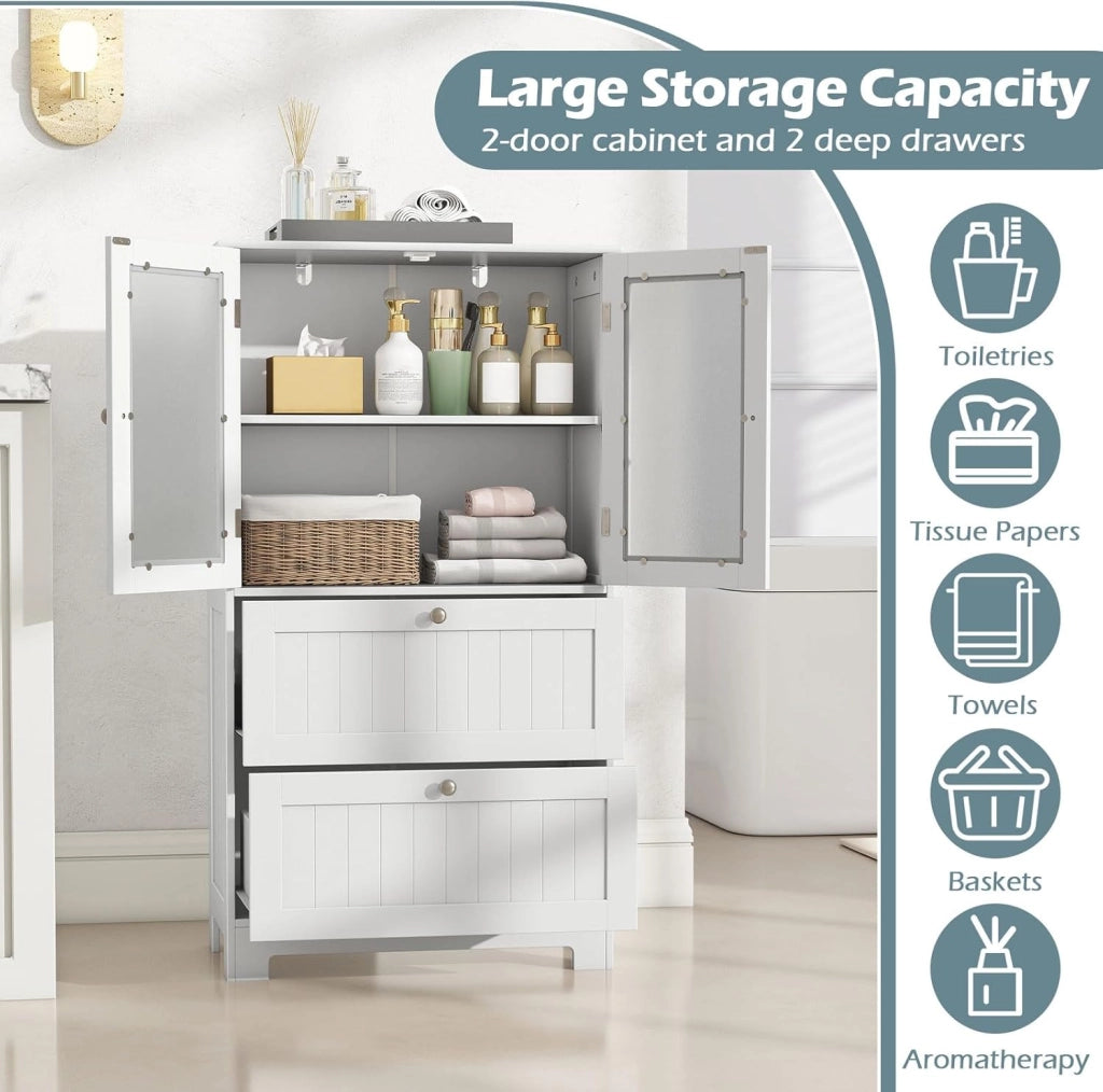 Armadietto da bagno con ante in vetro e ripiano regolabile, per bagno, cucina e soggiorno, 60 x 30 x 108 cm (2 cassetti + 1 armadio, bianco)