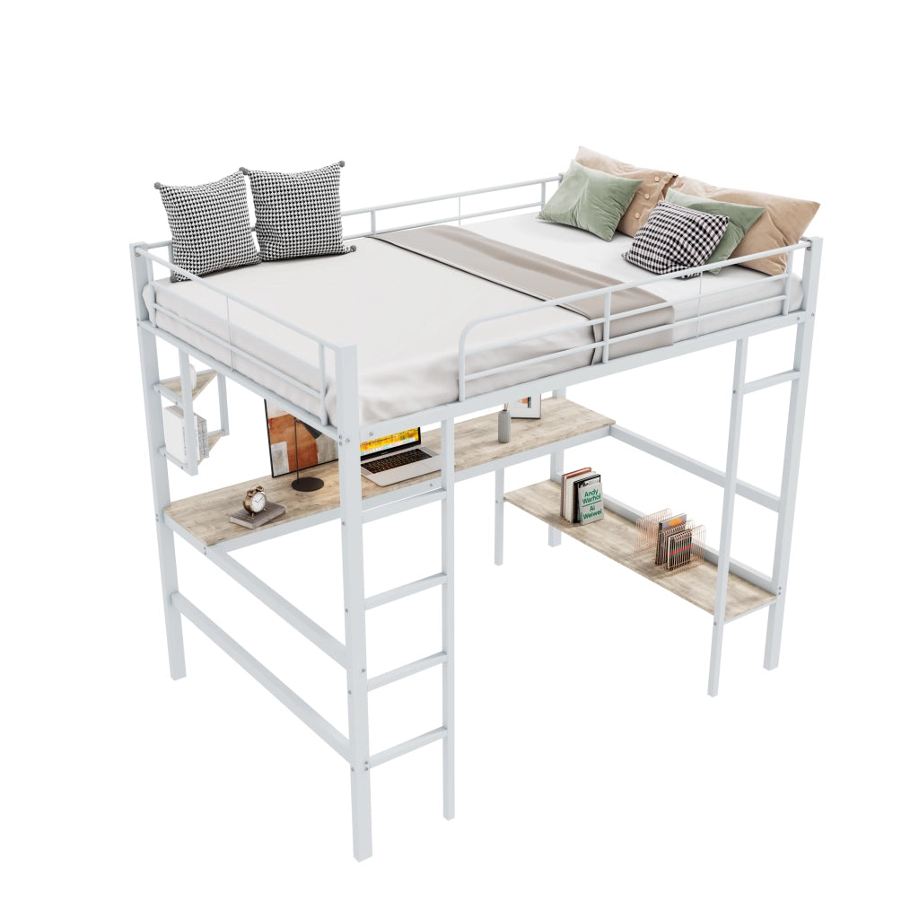 Letto a castello bianco in metallo con scrivania e scaffali 90x200 cm