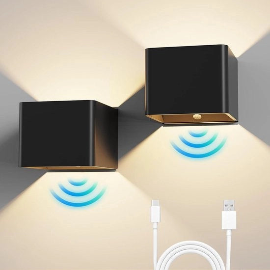 Lampada da Parete LED 5W Nero - Con Sensore di Movimento e Interruttore - Batteria USB Ricaricabile - Per Scale - Caldo Bianco - Senza Fili - 2 Pezzi