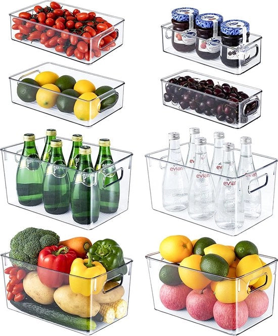 Set di organizzazione per frigorifero da 8 (4 grandi/2 medi/2 piccoli), contenitore di conservazione di alta qualità con maniglia, scatola di archiviazione trasparente, ideale per cucine, frigoriferi, armadi - privo di BPA.