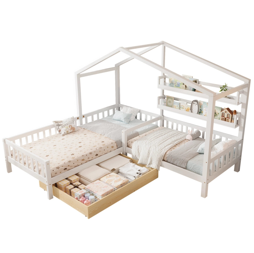 Letto a casetta a L per bambini con cassetto e scaffali bianco