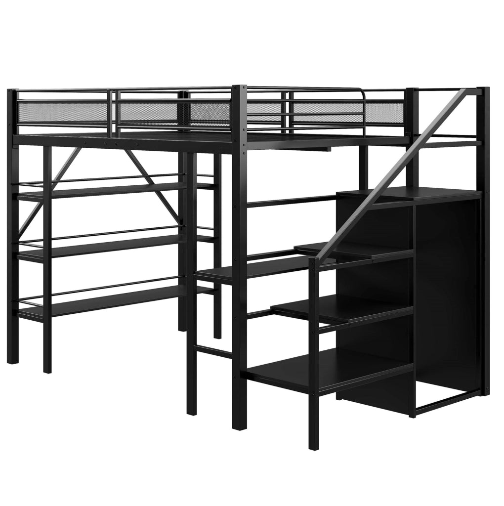 Letto a soppalco modulare 140x200 cm in metallo nero con scrivania; ripiani e armadio