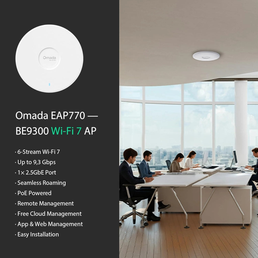 TP‑Link Omada EAP770 - Punto di accesso WiFi 7 Tri-banda da soffitto, fino a 11 Gbps, porta 2,5 GbE, PoE, Mesh, Roaming Continuo