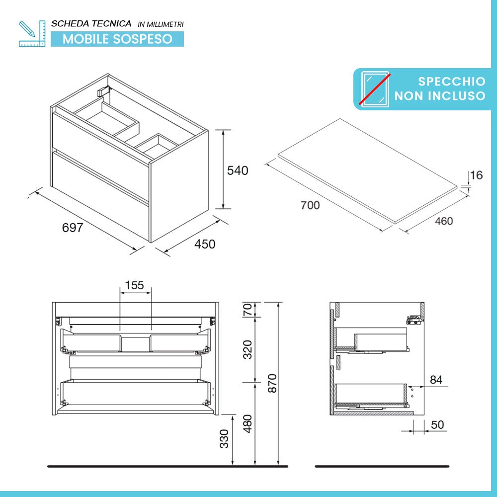 Mobile bagno sospeso 70 cm bianco lucido con top per lavabo da appoggio Gaya