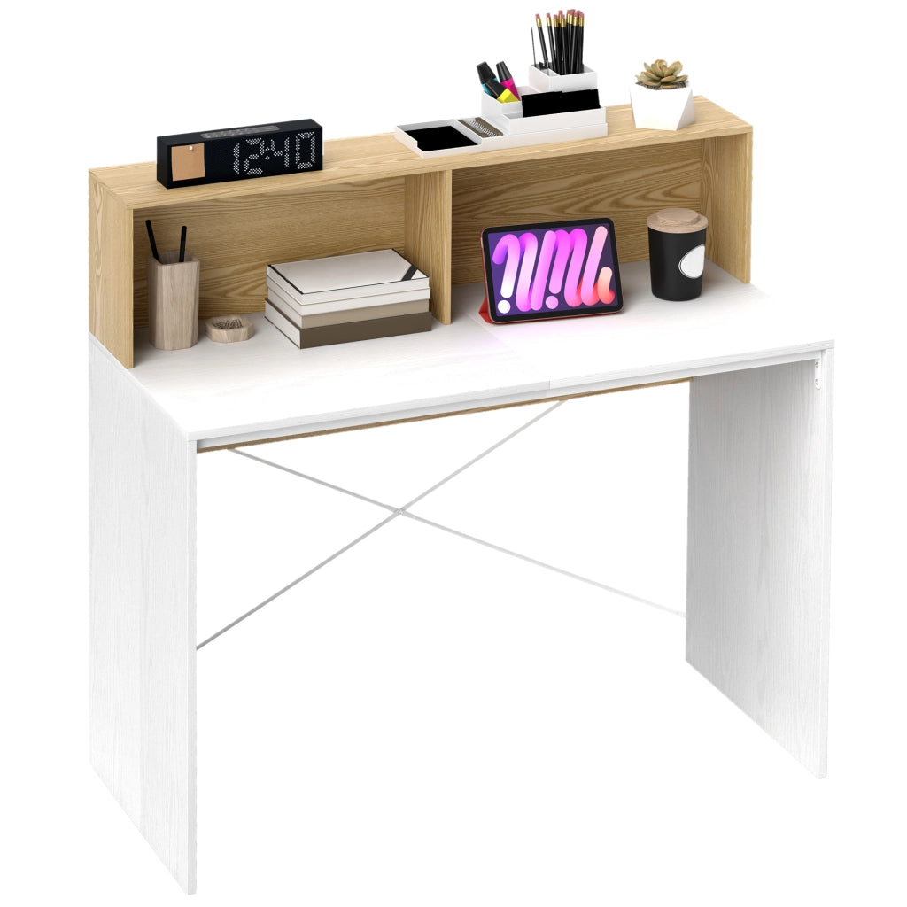 Scrivania con scaffale e 2 cassetti ¨C Zephmum ¨C Bianco e legno naturale 110x50x102,6 cm