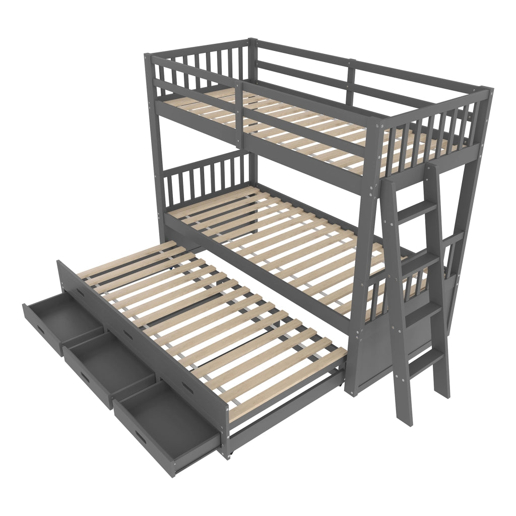 Letto a Castello 90x200 cm con 3 Cassetti e Letto Estraibile; in Legno e MDF Grigio