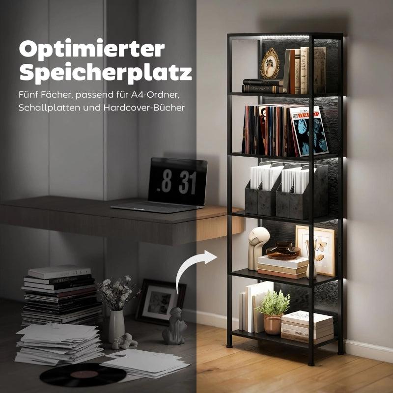 LIBRERIA 60x30x179 cm 5 Ripiani Nero con LED a 7 colori