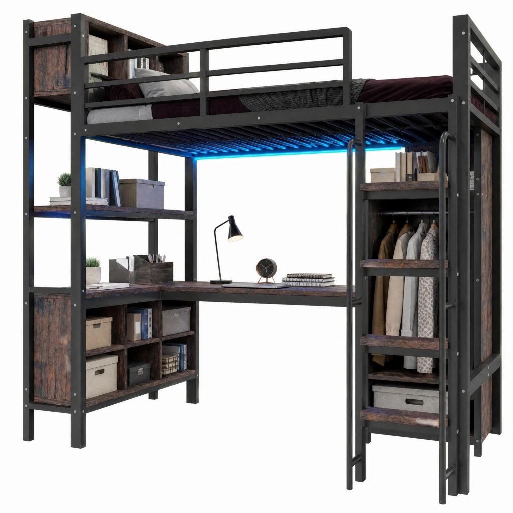 Letto a soppalco multifunzione 90x200 cm con scrivania, armadio, ripiani e LED, nero