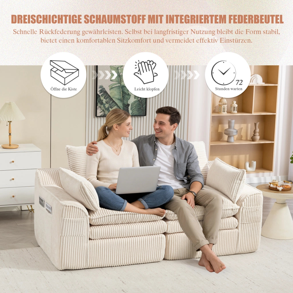 Divano a 2 posti in velluto a coste con tasche laterali e cuscini, schiuma a 3 strati e molle per interni beige