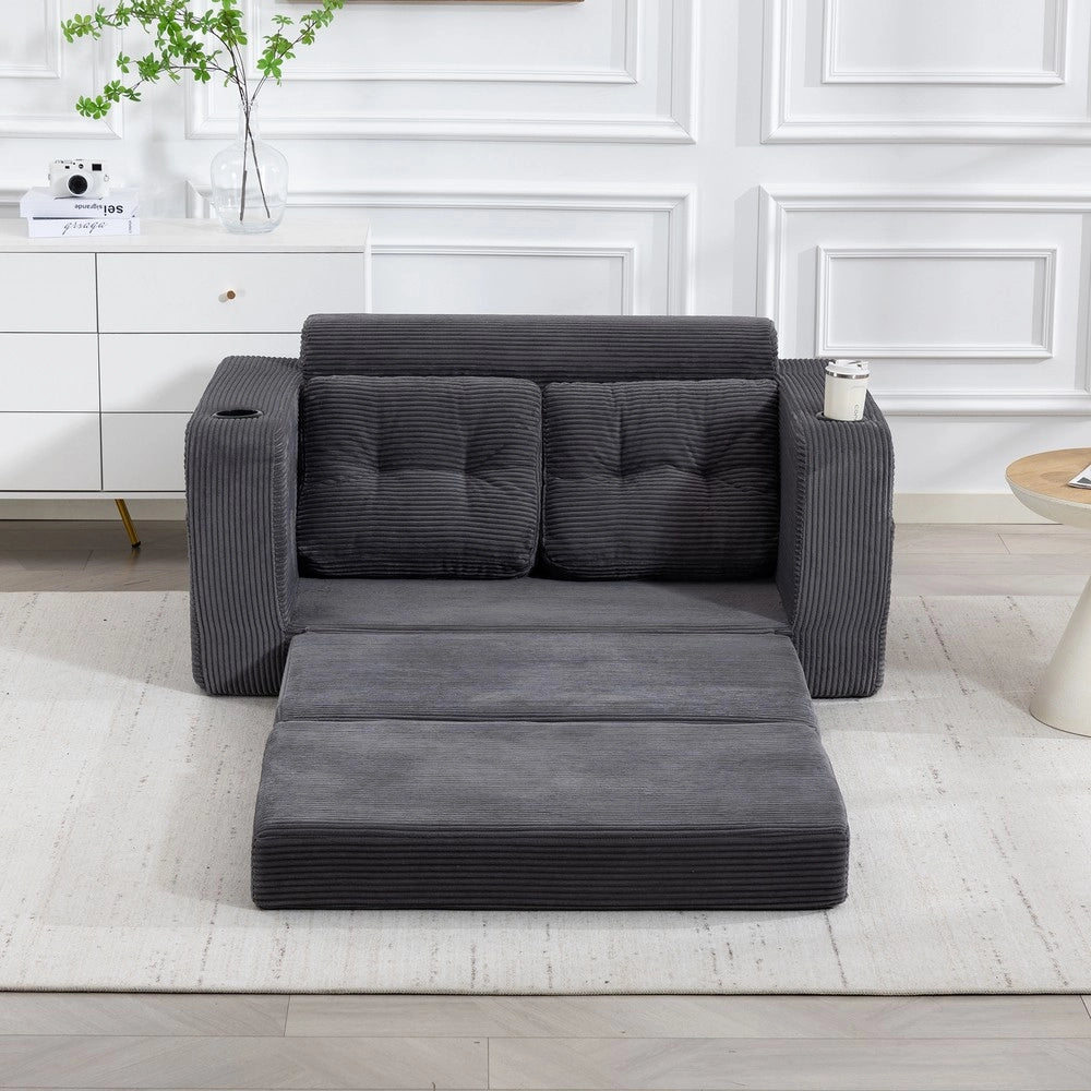 Divano 2 Posti in Tessuto a Coste con Cuscini Trapuntati e Tasche Laterali ¨C MINIMAL ¨C Grigio