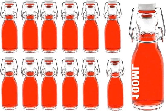 Bottiglie a Soffietto in Vetro - 100 ml - Stopper con Coperchio Rigirabile - Erbacevole e Aria-Tight - Chiusura in Gomma in Rilievo - Per la Produzione Casalinga di Gin, Olio d'Azoto e Aceto - 12 Pezzi