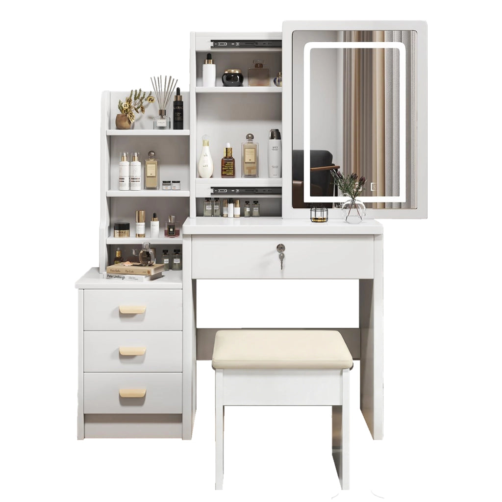 Tavolo da toeletta con specchio illuminato; sgabello imbottito; luce regolabile 3 colori; 4 cassetti; Bianco; B85×H130×P36cm