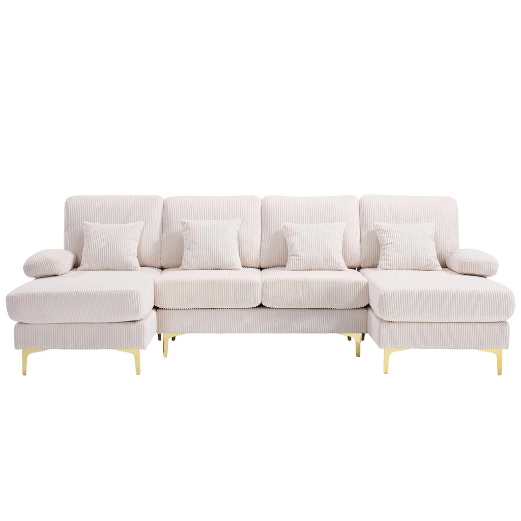 Divano a U in velluto beige con LED e porta USB