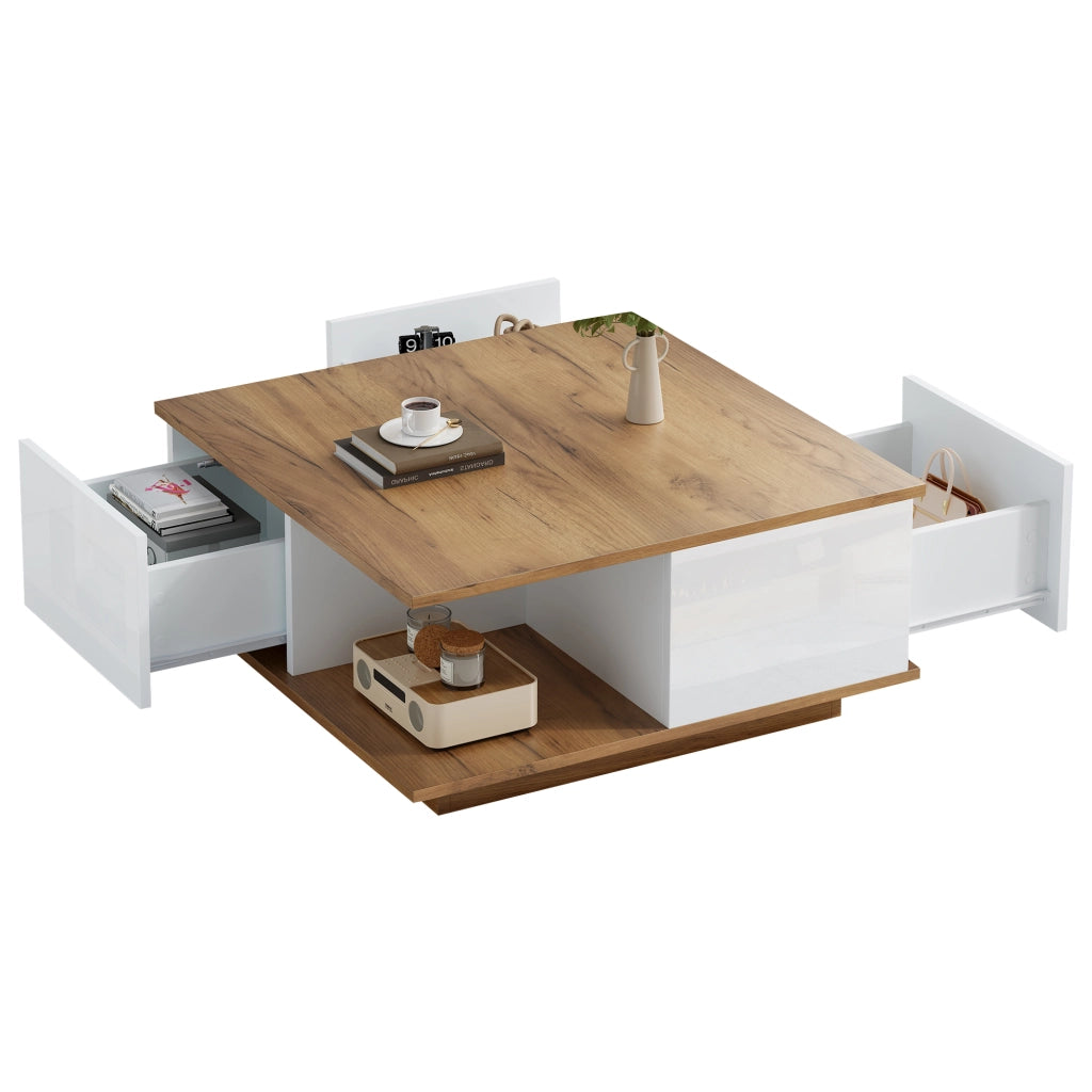 Tavolino da caffè 70x70x31.5 cm; 3 cassetti e vano aperto; pannello truciolare; bianco e colore naturale