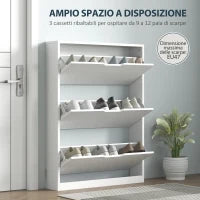 Scarpiera Slim a 3 Cassetti Ribaltabili con Intaglio Inferiore, in Legno, 80x17x108 cm, Bianco