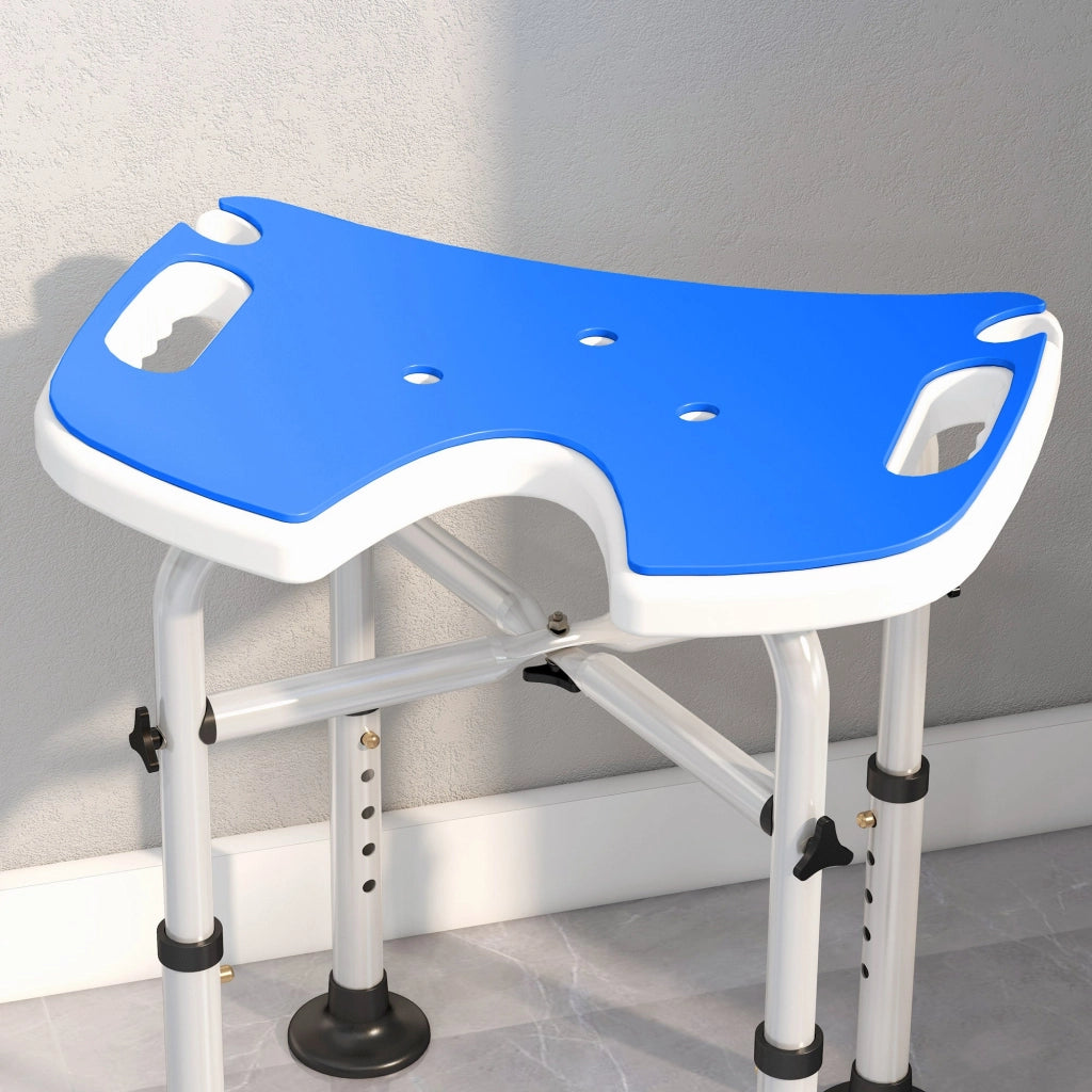 Sgabello da Doccia Regolabile in Altezza con Maniglione Seduta Imbottita a U e Piedini Antiscivolo Blu