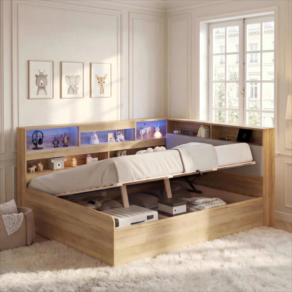 Letto Contenitore con LED e USB ¨C MINIMAL ¨C 140x200, Legno Naturale