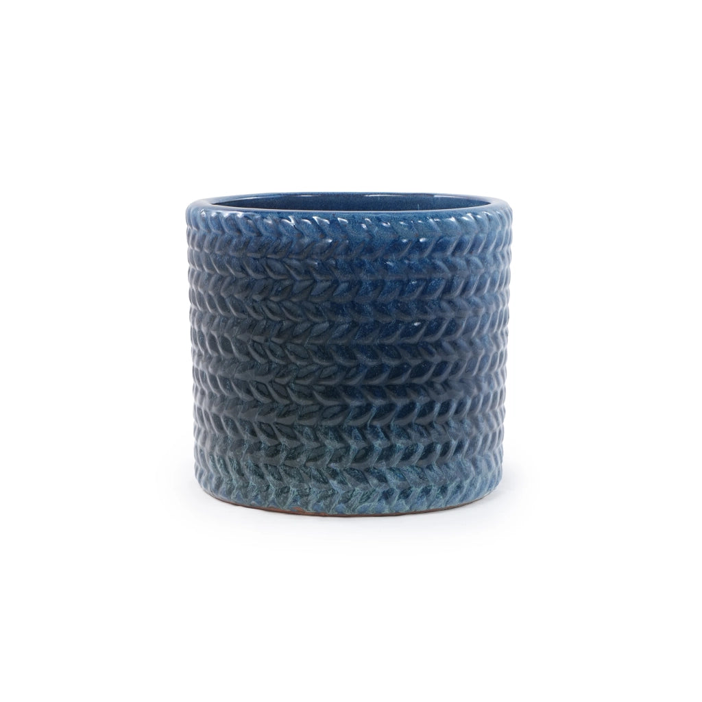 Vaso portapiante in ceramica Ø37 cm blu scuro lucido con rilievo a spina di pesce