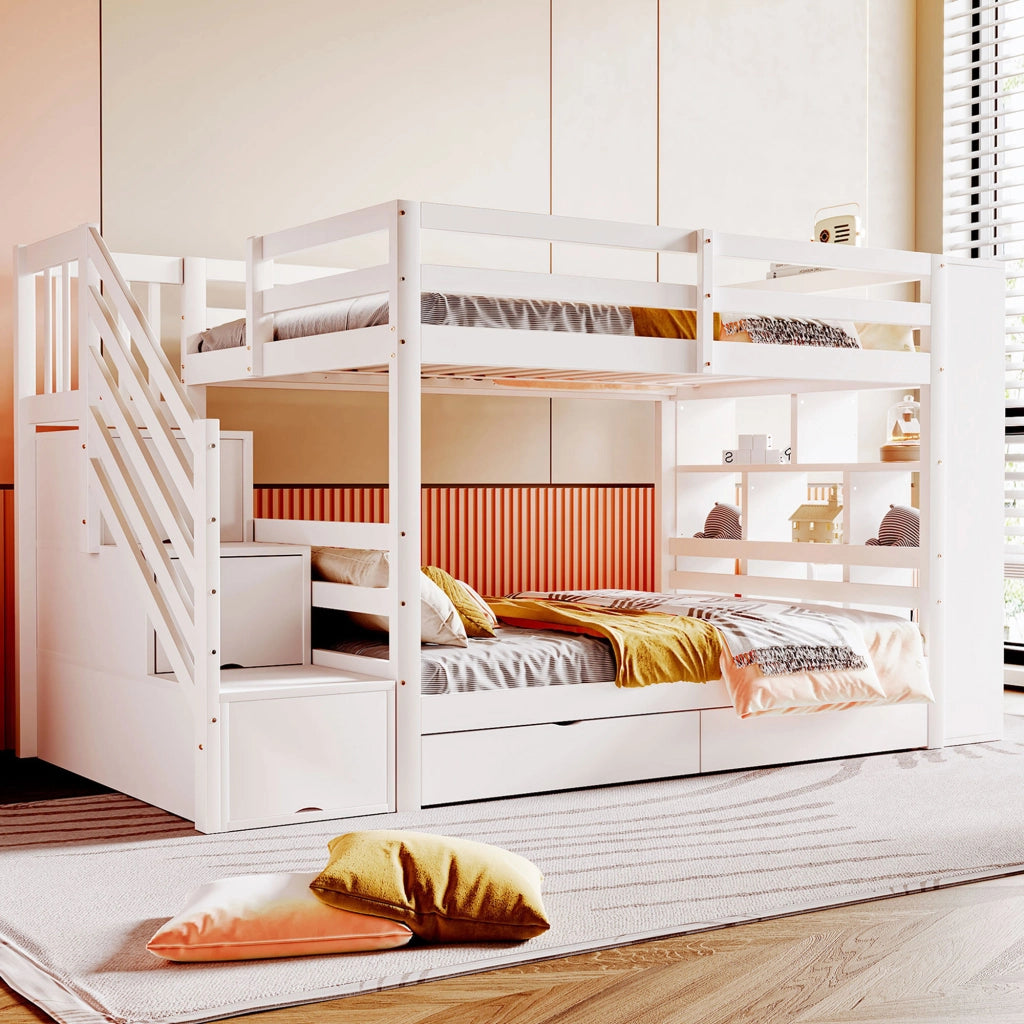 Letto a Castello 90x200 cm con Scale; Cassetti e Scomparti - in Legno - Bianco
