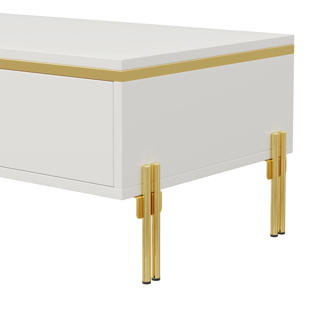 Tavolino da Caffè con 2 Cassetti su Entrambi i Lati; Bianco Lucido e Dettagli Dorati; Stile Moderno; in Pannello Truciolare; Bianco