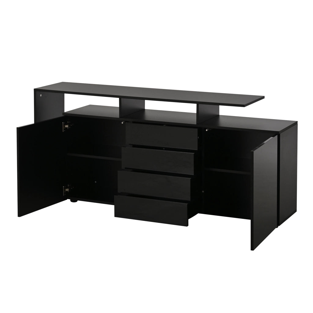 Credenza nera lucida 160 cm con 4 cassetti e 2 ante; mobile TV con LED controllo app; MDF e vetro