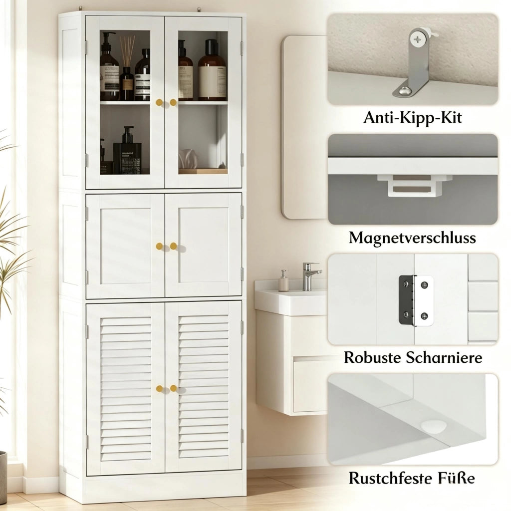 Mobile contenitore da bagno alto di alta qualit¨¤ con 6 ante, di cui 2 in vetro e 2 piene.
