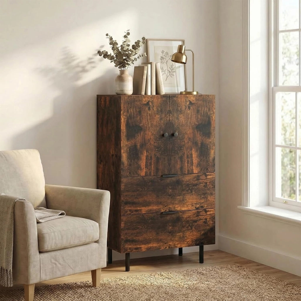 Credenza, cassettiera con 2 cassetti e 2 ante, con robusti piedini in metallo e protezione antiribaltamento, 60 x 41,5 x 102 cm (marrone)