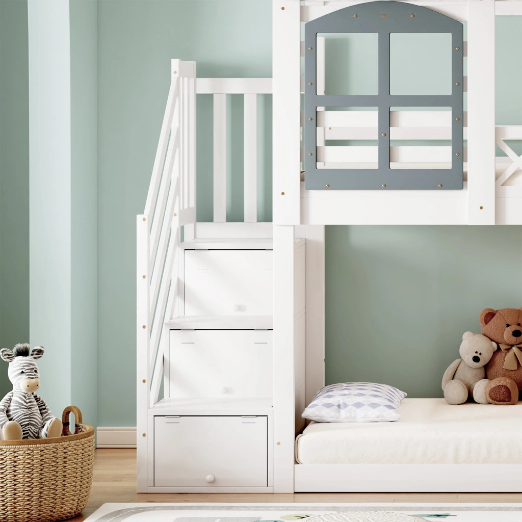 Letto a Castello 90x200 cm con Tetto; Finestre e Scala con 3 Scomparti in Legno e MDF
