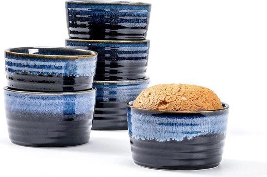 Creme Brulee keramici, forni resistenti a microonde, forme soufflé in ceramica blu - 6 x 240ml per 6 persone, contenitore per dessert per muffins, cupcakes, pacchetto forno resistente a microonde - contenitore in porcellana blu.