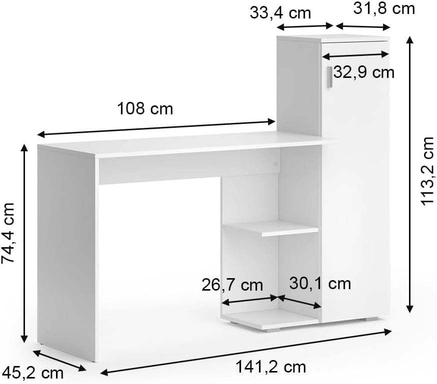 Scrivania per computer Ritz, Bianco, 141.2 x 45.2 cm, per l’utilizzo come scrivania con modulo scaffale laterale