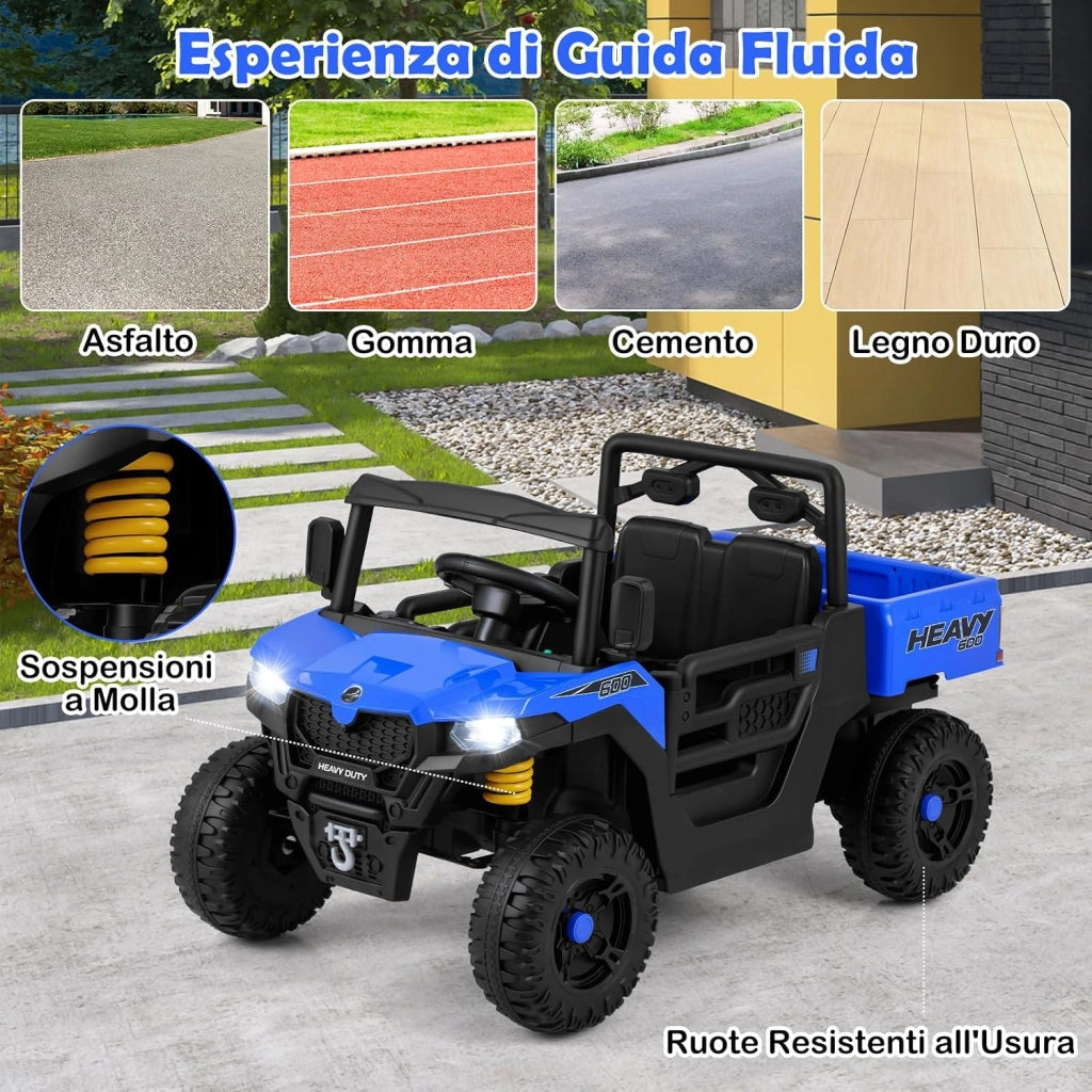 12V Macchina Elettrica per Bambini 2 Posti, Auto Elettrica con Cassone Ribaltabile, Telecomando, Musica, Storie, Luci LED e Sospensione a Molla, Giocattolo per Bambini 3-8 Anni (Blu Navy)